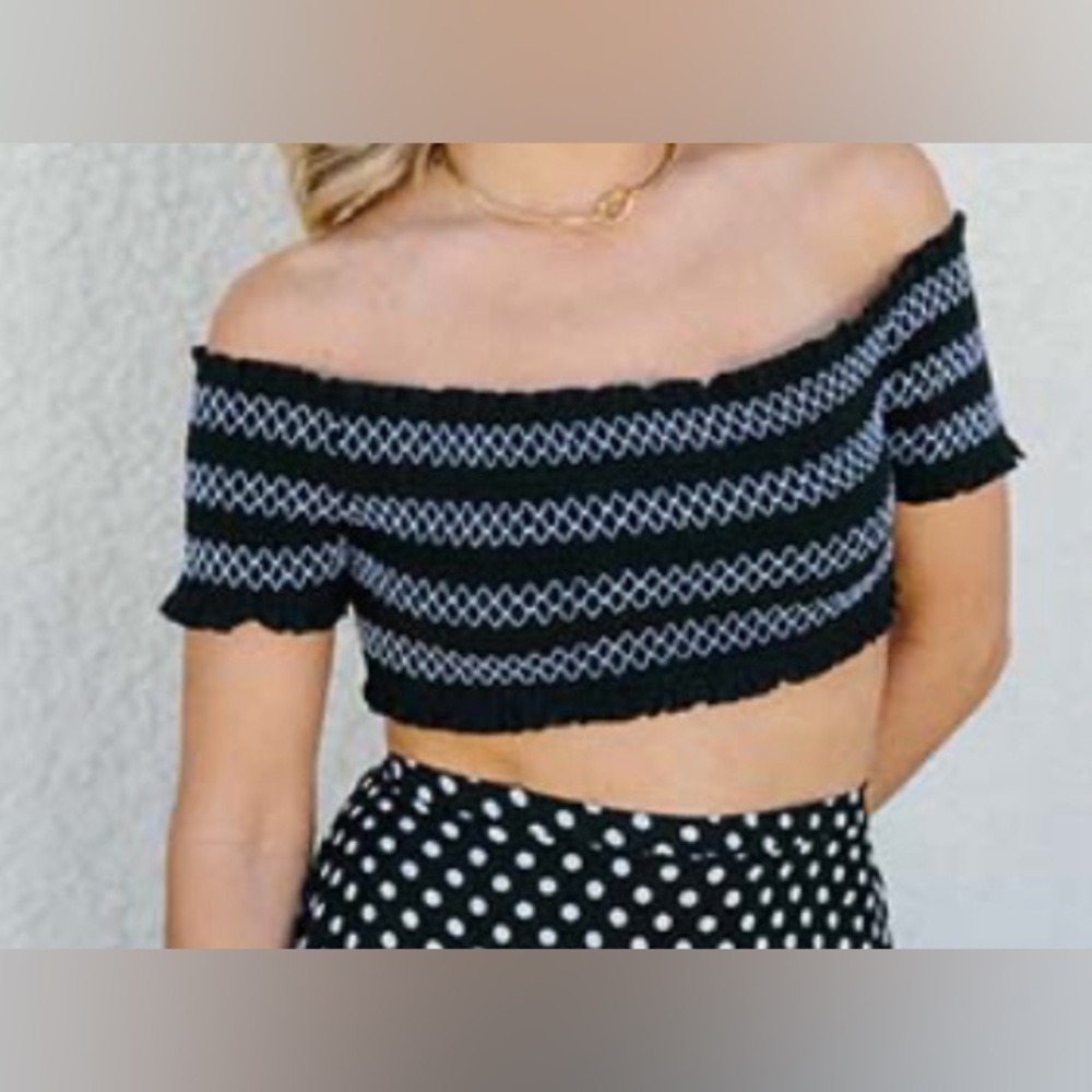 Pins & Needles Black and White Off-Shoulder Crop Top